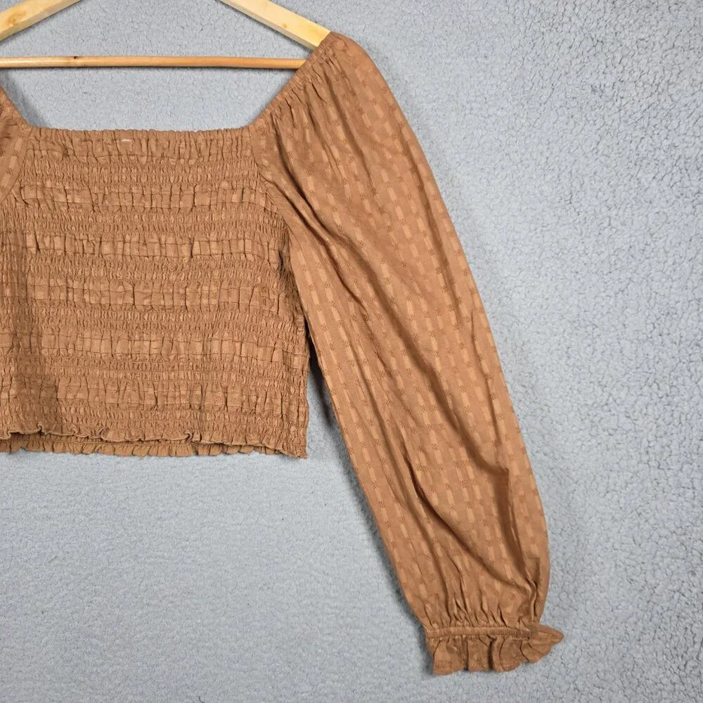 American Eagle Blouse Top Womens Medium Brown Smocked Cropped Peasant Picnic NWT